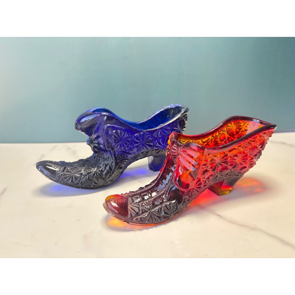 Vintage Glass Slipper Shoe Figurines Cobalt Blue & Red Daisy and Button